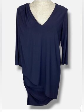 Last Tango Women’s Navy V-Neck Long Sleeve Asymmetrical Draped Overlay Dress L